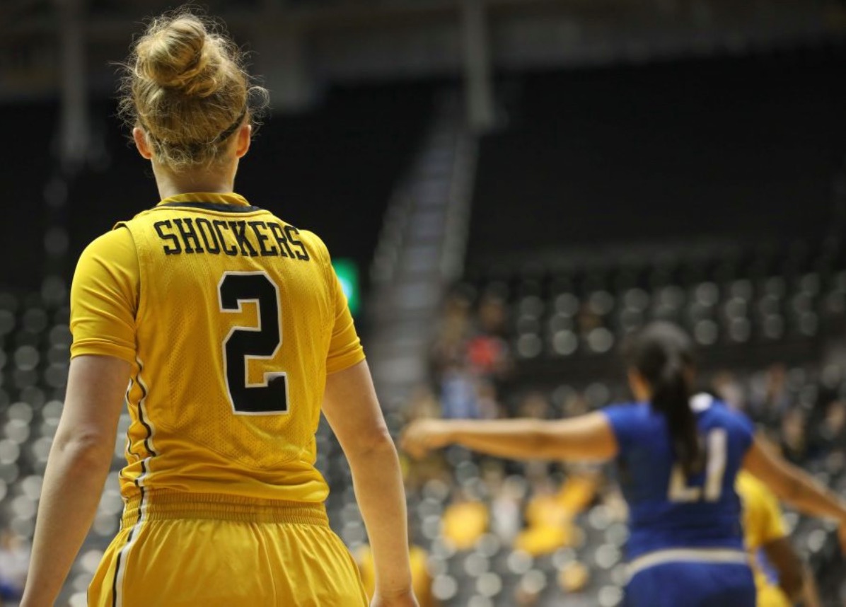Hannah Mortimer seen from behind in her Wichita State Shockers number 2 jersey